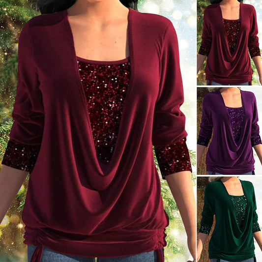 ✨🎁Big sale 49% OFF &Free shipping🎁Sequin Loose Smocked Fake Two-Piece Top
