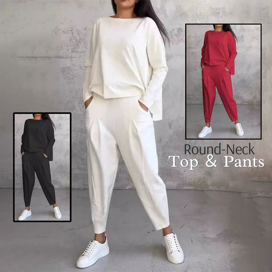 💥Limit Time 50% OFF 💕🤍Round-Neck Long-Sleeved Top & Pants 2-Piece Set